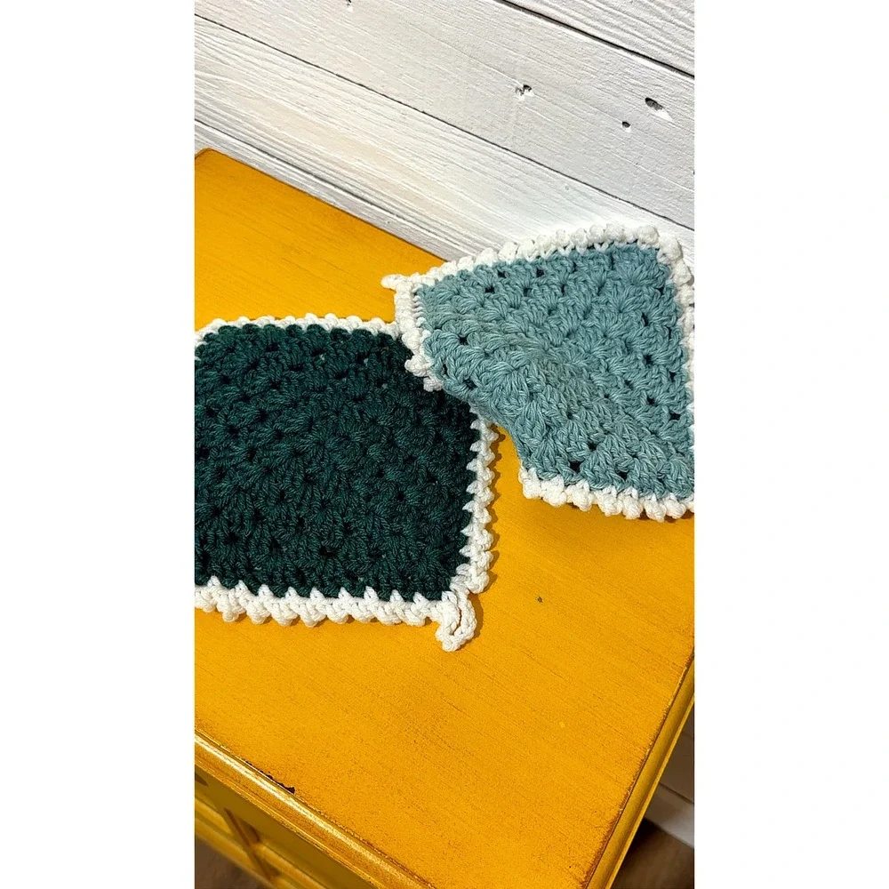 Handmade Crochet Pot Holders Set of 2 Granny Square Teal Green Cottagecore